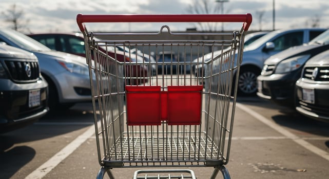A shopping cart is parked in a parking lot photo