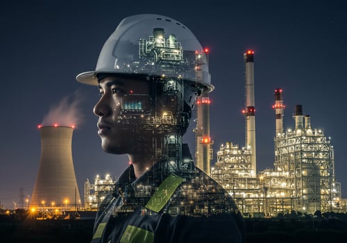 Engineer in hardhat with Industrial plant background used for energy solutions photo