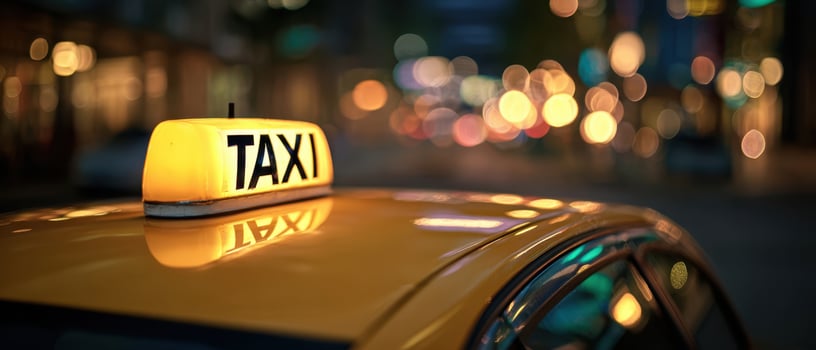 The illuminated taxi rooftop sign in a vibrant urban night scene. photo