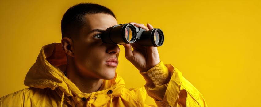 The young adventurer with binoculars against a vibrant yellow background. photo