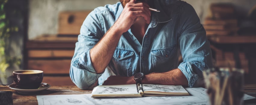 The thoughtful man contemplating ideas in a cozy creative workspace. photo