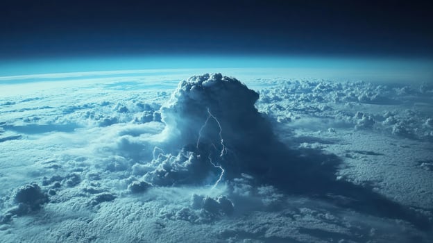 A massive, dramatic storm cloud over a vast expanse of swirling clouds, seen from high above photo