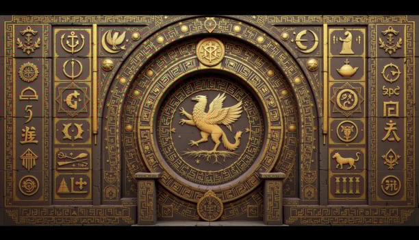a sacred style arch covered in pressed gold symbols and ancient seal marks. photo