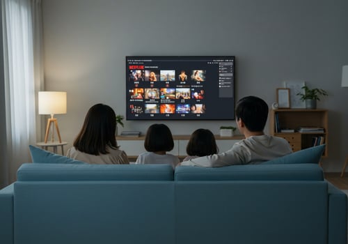 Family watching a streaming movie from sofa in living room with dim background photo