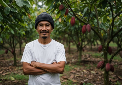 Farmer at cocoa plantation proudly showing harvest for chocolate production photo