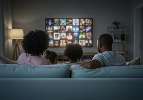 Family watching television together at home, enjoying leisure time and relaxation photo