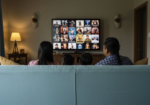 Family viewing streaming platform movies on tv at home in comfy living room photo