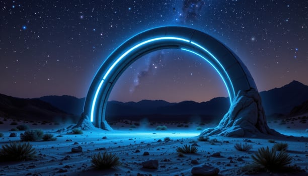 a futuristic metallic arch glowing with blue neon lights in the middle of a barren desert under a starry sky. photo