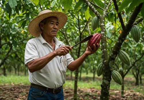 Farmer harvests cacao fruit with knife in field with lush background, food industry photo