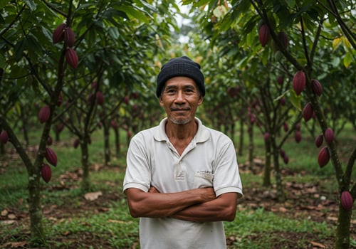 Farmer in cacao plantation smiles amongst cacao trees in rural area for harvest photo