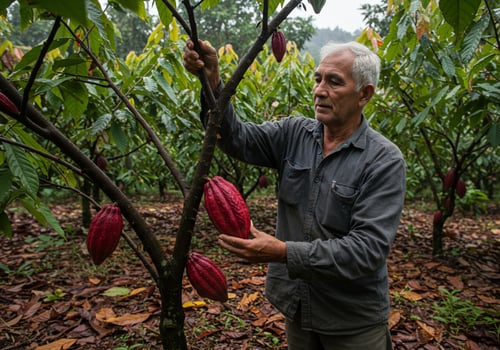 Farmer Inspects Cacao Pods in Orchard, for agriculture, food, and sustainability photo