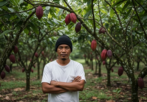 Farmer with cacao pod trees on a plantation, agriculture, food product photo