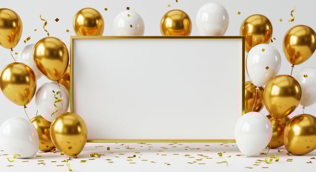 Festive Golden Balloons Decorating Empty Frame for Party Invitation or Celebration photo
