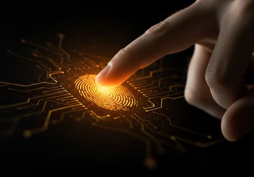 Finger scanning data chip, security access, digital background. Technology usage photo