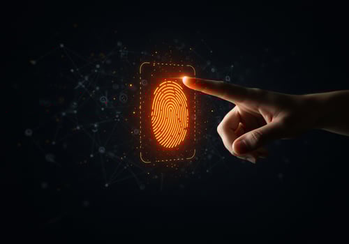 Finger activates digital fingerprint tech background for security applications photo