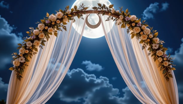 a moonlit arch with silver leaf accents, flowing sheer veils, and suspended crescent shapes above. photo
