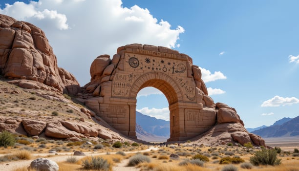 a towering granite arch with ancient carvings of stars and planets, set in the middle of a windswept plateau. photo