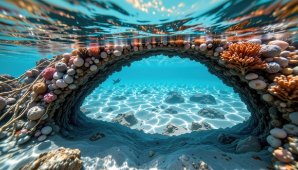 a sunken arch made of coral and pearl, barely visible beneath crystal clear ocean water. photo