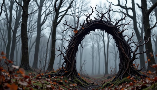 a thorn covered arch twisted from blackened branches in a cursed woodland. photo