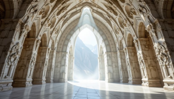 a cathedral sized arch made of glimmering white quartz, opening into a radiant void. photo