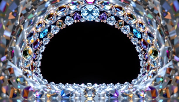 a crystal arch with prismatic reflections and rows of floating gems circling the frame. photo
