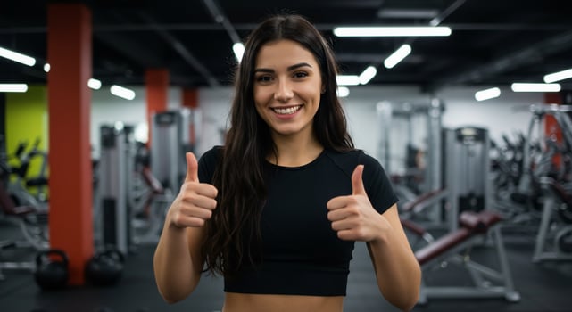 Fit Woman Gives Thumbs Up in Modern Gym photo