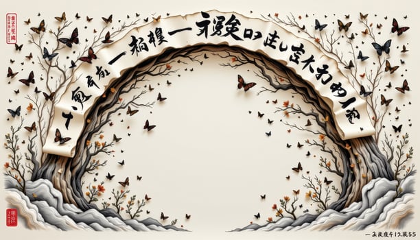 a paper arch covered in calligraphy scrolls, ink drawings, and parchment flutters. photo