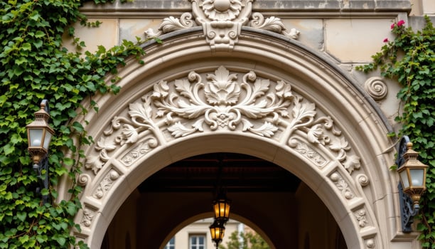 a renaissance style arch covered in floral carvings, ivy, and hanging brass oil lamps. photo