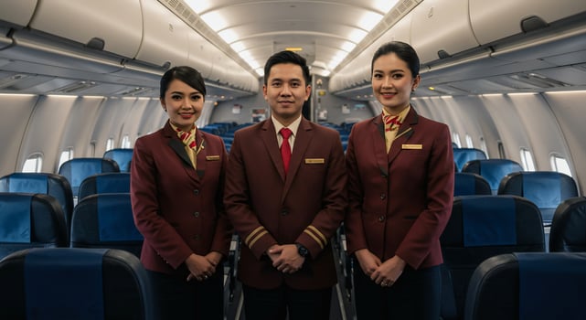 Flight Attendants pose in airplane aisle, passengers in background. Stock photo