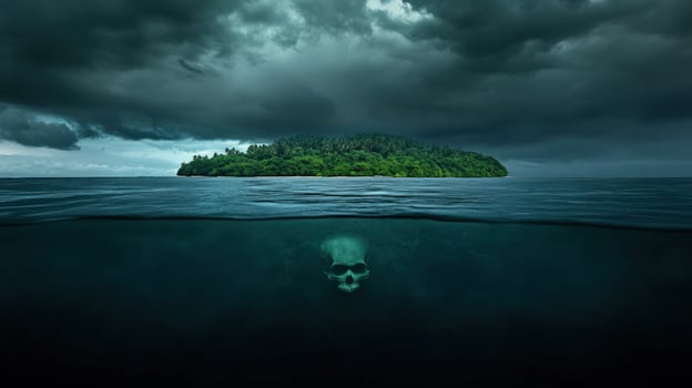 Island, shrouded by storm clouds, with skull beneath photo