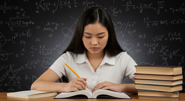 A girl is writing on a book with a pencil photo