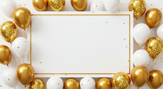 Frame of golden, white balloons on white background, celebratory concept use photo