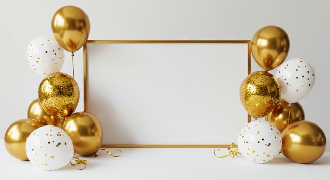 Frame with golden and white balloons, streamers on white background for celebration photo