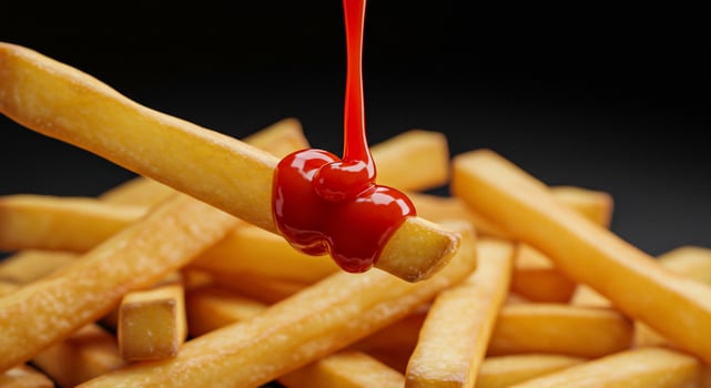 French fries with ketchup being poured over them photo