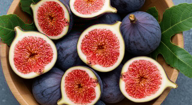 A bowl of figs with a leaf on top photo