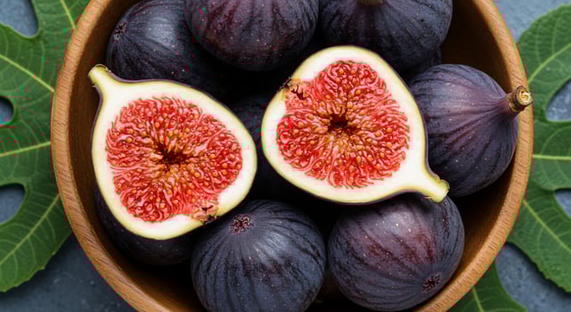 A bowl of figs with a slice of one photo