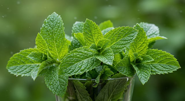 Fresh mint leaves arranged in a glass against a blurred green background for cooking photo
