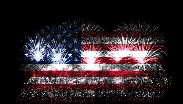 USA flag made of fireworks on a black background. US flag design with pyrotechnic explosions for patriotic holidays as independence day. photo