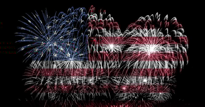American flag made of fireworks on a black background. US flag design with pyrotechnic explosions for patriotic holidays as independence day. photo