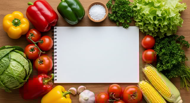 Fresh Vegetables and Blank Notebook on Wooden Table photo