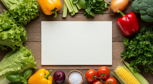 Fresh Vegetables Frame with Blank Cookbook Page on Rustic Wood photo
