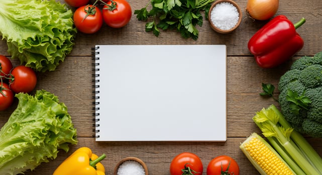 Fresh Vegetables Frame a Blank Cookbook on Rustic Wood photo