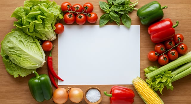 Fresh Vegetables Frame with Blank Paper on Wooden Table photo