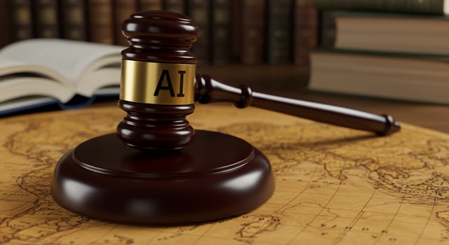 Gavel on map represents AI regulations, law, legal precedent, history, business photo