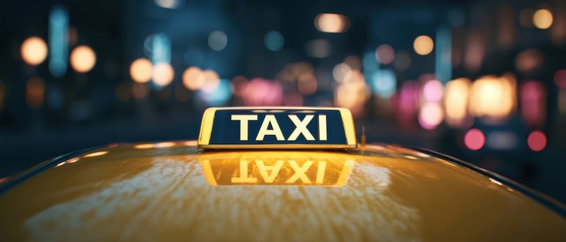 The iconic yellow taxi glows brightly in the bustling city nightlife. photo