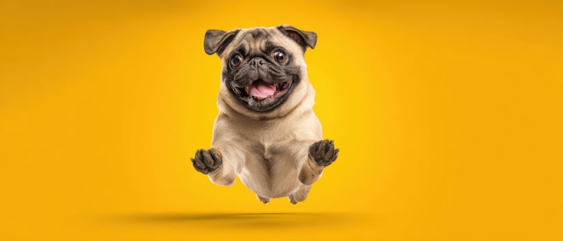 The joyful pug leaping against a vibrant yellow background with enthusiasm. photo