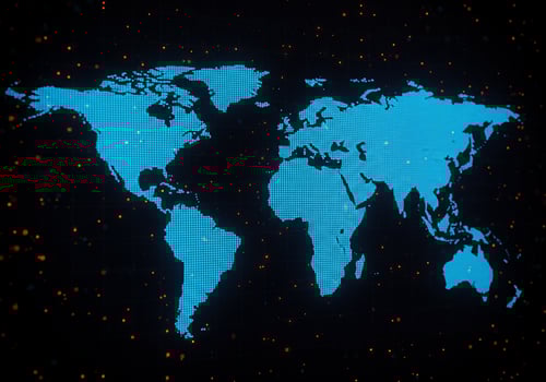 Global connectivity. Blue world map on dark background shows connection concept photo