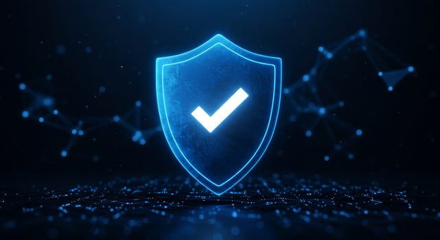 Glowing checkmark on a shield with digital network, cyber security concept photo