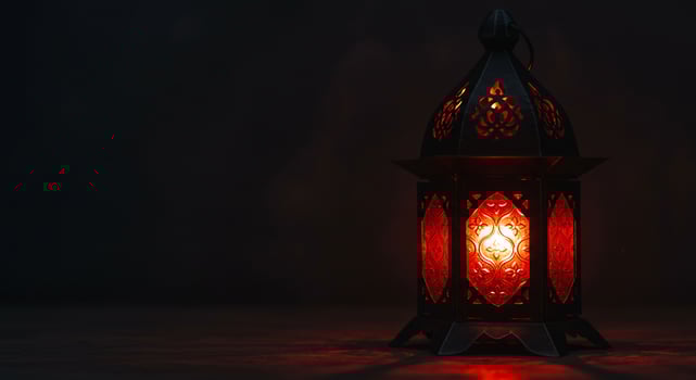 Glowing lantern illumination in a dark scene, celebrating Ramadan, decoration use photo