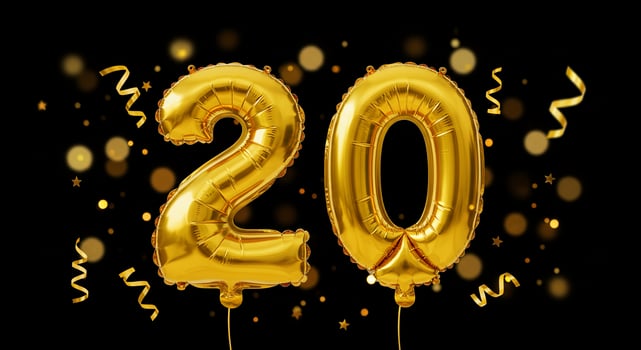 Gold balloons form number 20 for birthday party with bokeh lights background photo